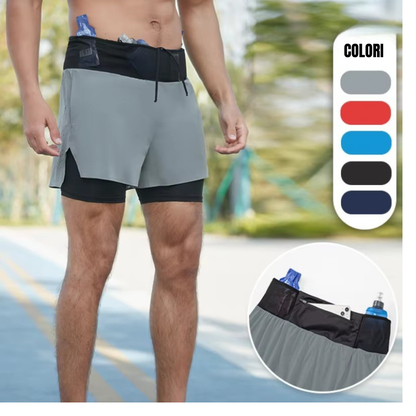 DROMO - Pantaloncino Running 2-in-1 con Tasche Multifunzionali